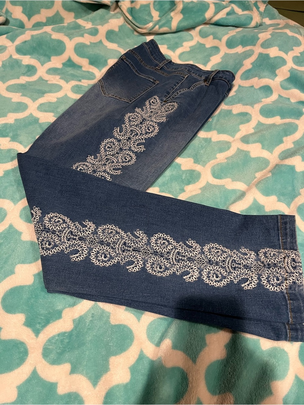 VENUS Blue Boot-Cut Jeans with White Embroidered Side Detail